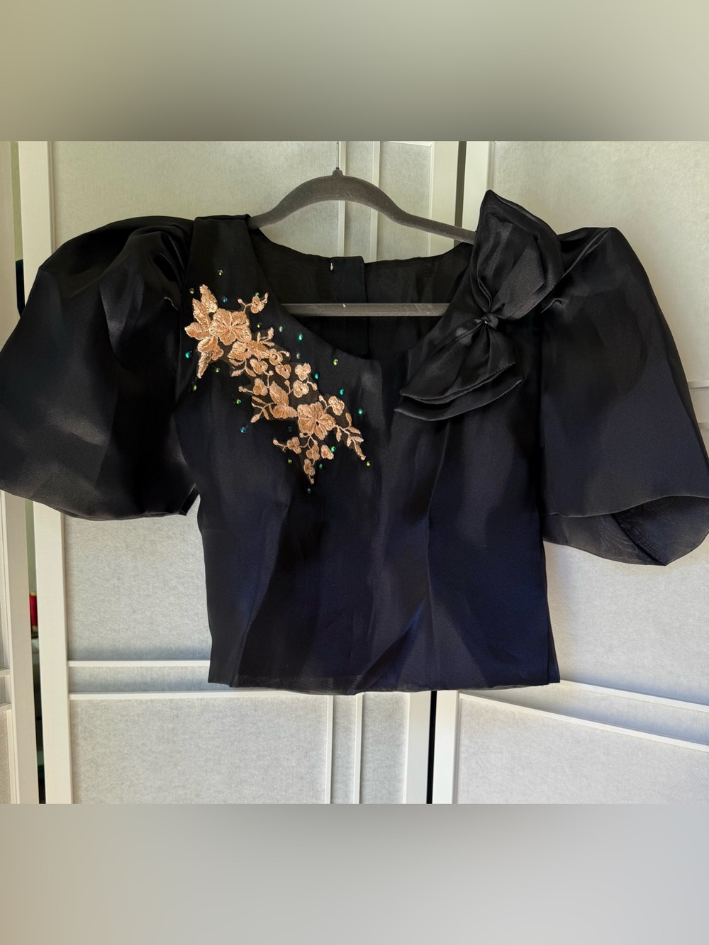 Modern Filipiniana Black Puff-Sleeve Blouse with Gold Floral Embroidery